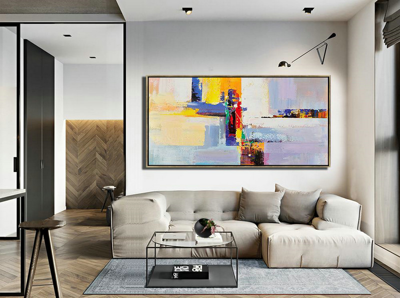 Handmade Extra Large Contemporary Painting,Horizontal Palette Knife Contemporary Art Panoramic Canvas Painting,Large Living Room Wall Decor,White,Yellow,Purple,Red.etc